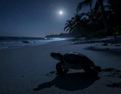 A baby turtle on a moonlit beach with palm trees and stars in the sky.