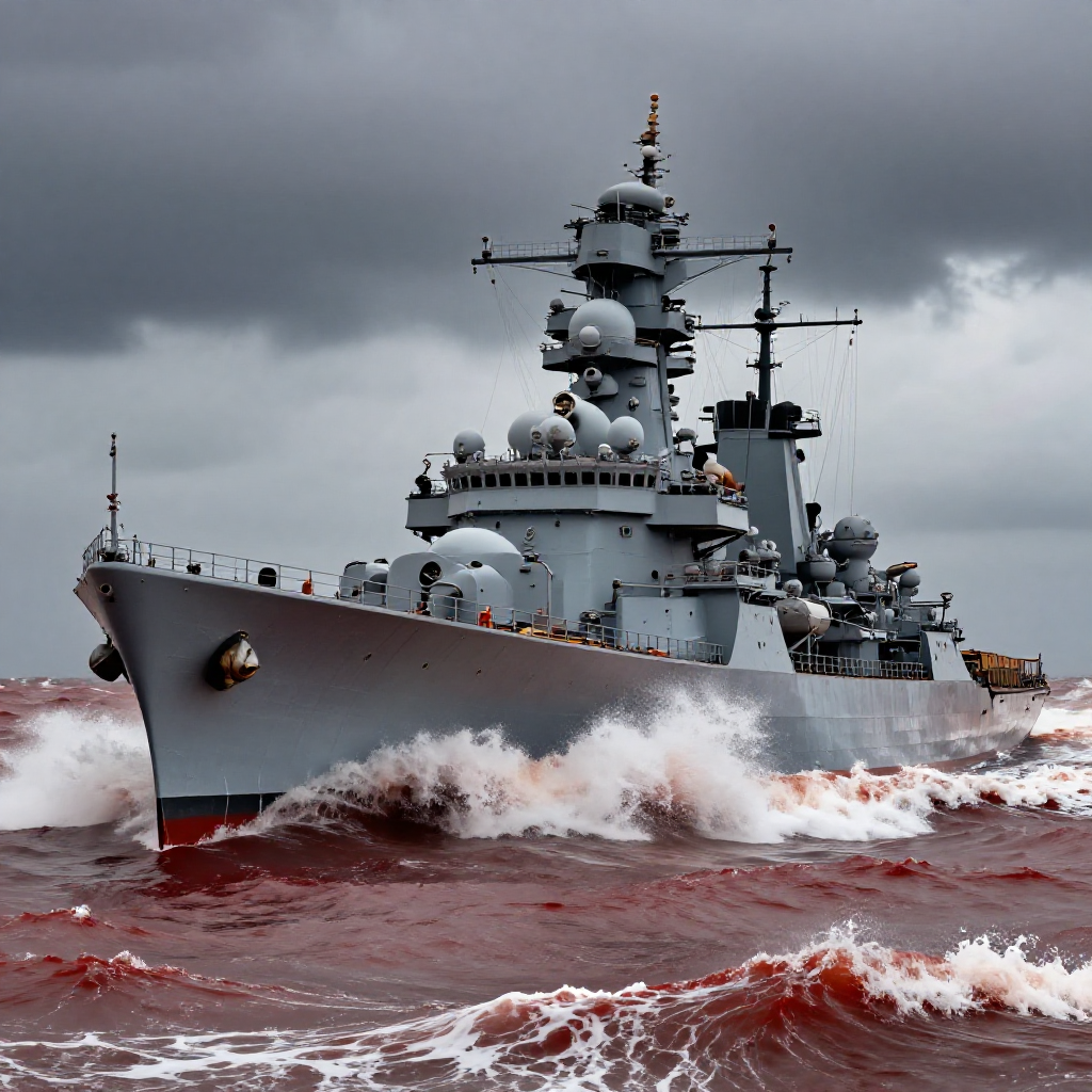 A battleship navigating through stormy, red-tinted ocean waves.