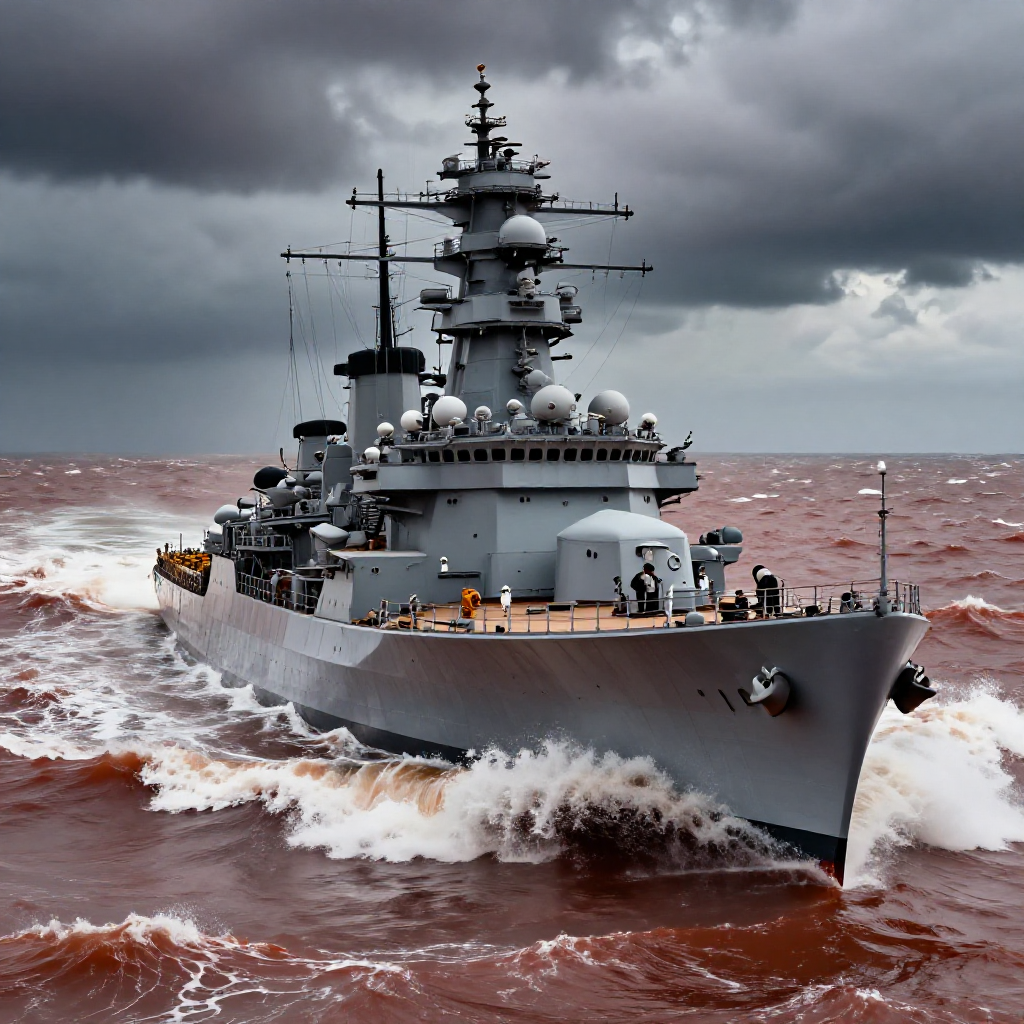 A naval battleship cutting through turbulent, steel-red ocean waves under a stormy sky.