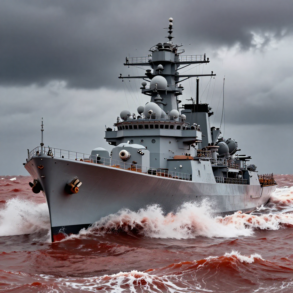A naval battleship navigating through stormy, red ocean waves.