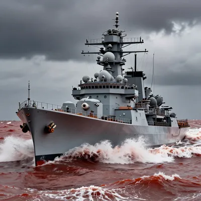 A naval battleship navigating through stormy, red ocean waves.