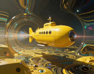 A yellow submarine in a surreal, psychedelic space landscape with holographic distortions and dramatic lighting.