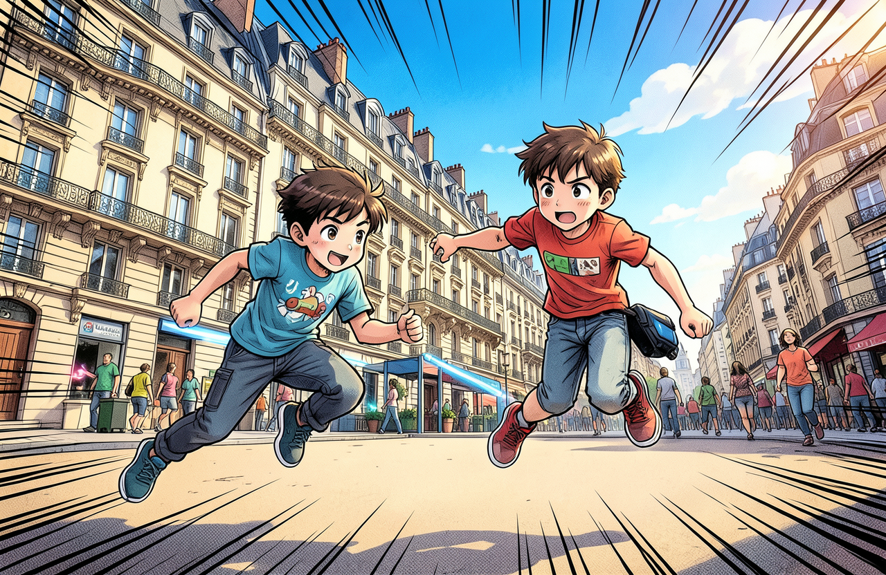 Two children running and jumping in a Parisian street with intricate buildings and vibrant blue skies.
