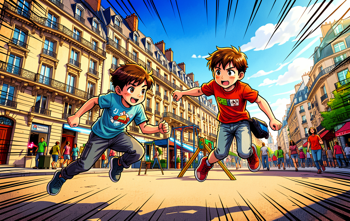 Two children running in a Parisian street with detailed cell shading and vibrant colors.