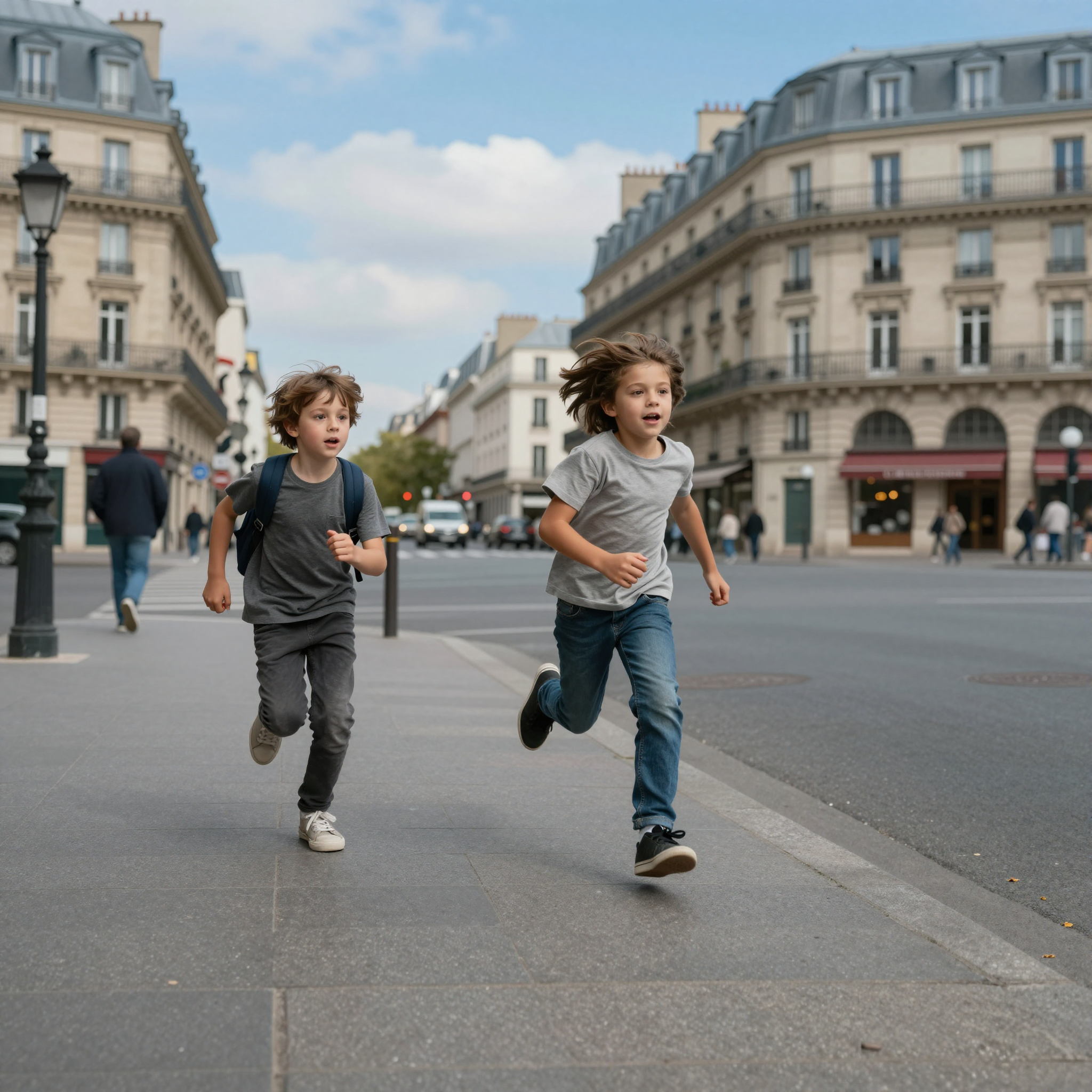 Two children running and jumping on a Parisian street with ornate buildings in the background.