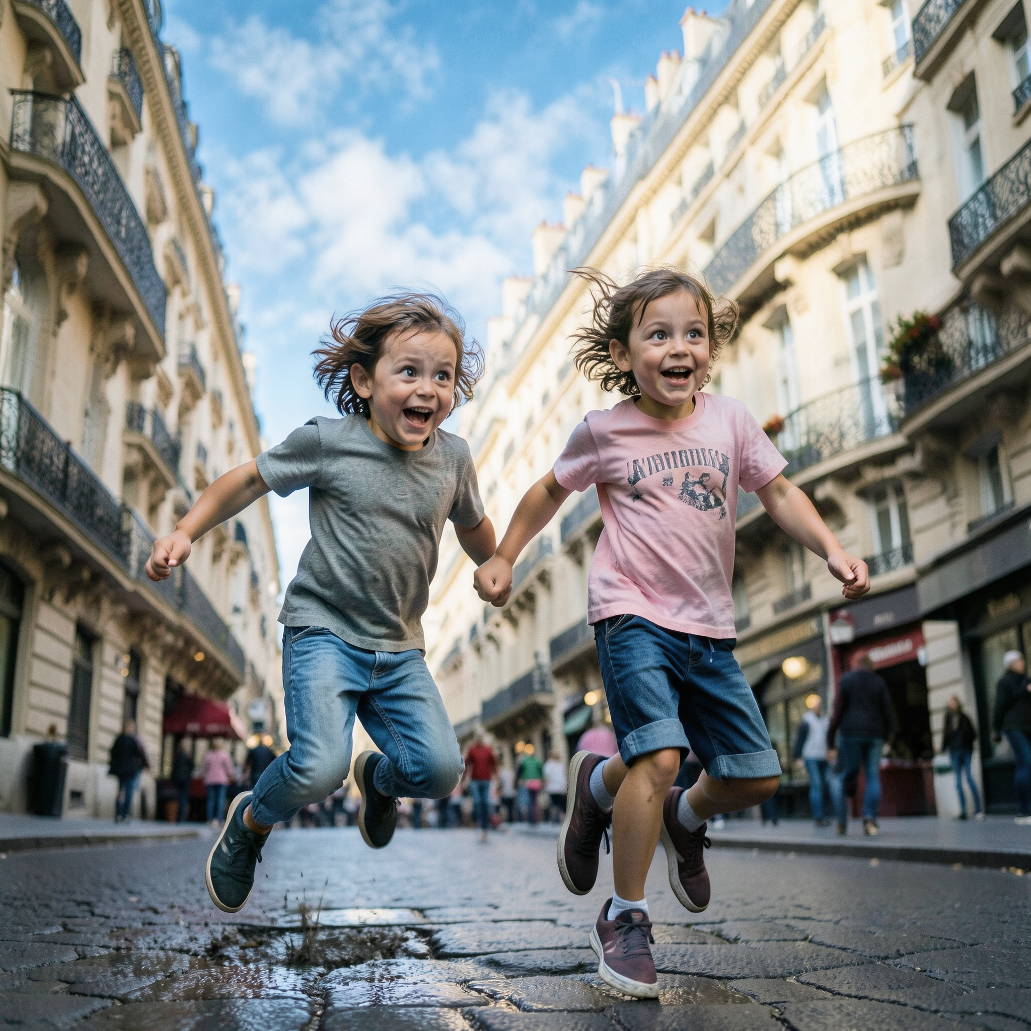 Two children running and jumping on a cobblestone street in Paris, with ornate buildings and a blue sky in the background.