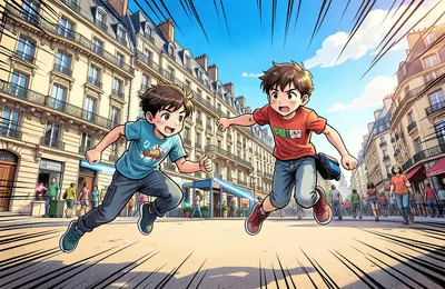 Two children running and jumping in a Parisian street with intricate buildings and vibrant blue skies.