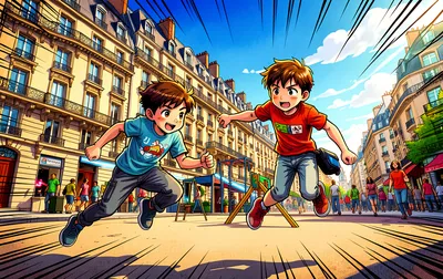 Two children running in a Parisian street with detailed cell shading and vibrant colors.