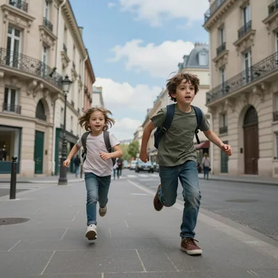 Two children running down a Parisian street with ornate buildings and a vibrant blue sky in the background.