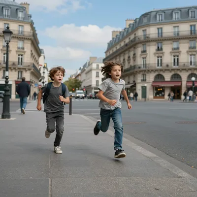 Two children running and jumping on a Parisian street with ornate buildings in the background.