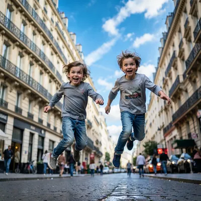 Two children jumping in a Parisian street with vibrant blue sky and intricate buildings in the background.