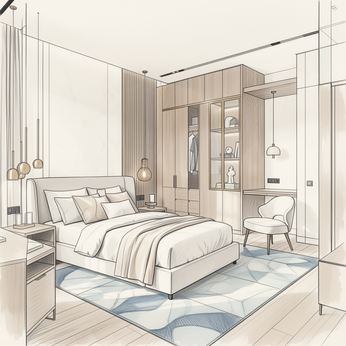 A hand-drawn architectural sketch of a modern bedroom featuring a large bed, built-in wardrobes, a desk, and a blue and white abstract geometric rug.