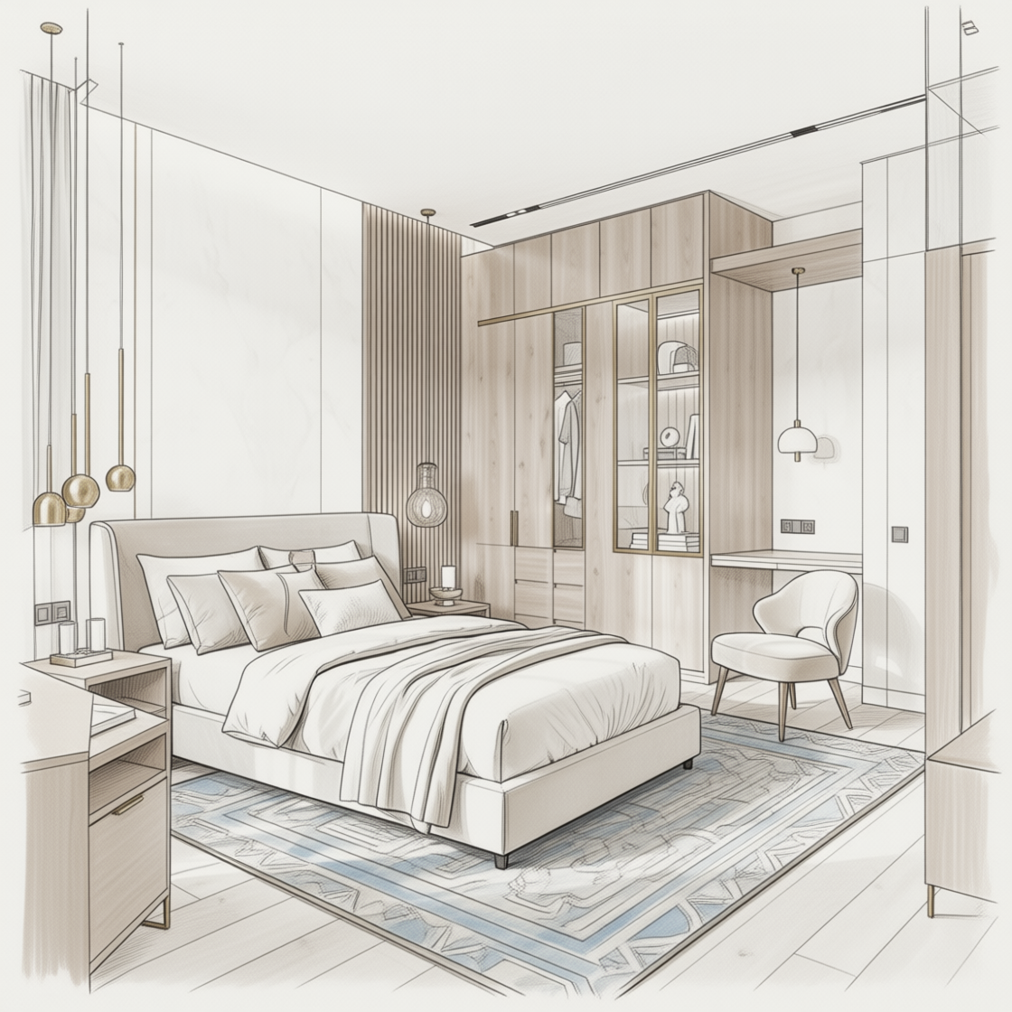 A hand-drawn architectural sketch of a modern bedroom with a large bed, built-in wooden wardrobe, and a blue and beige geometric rug.