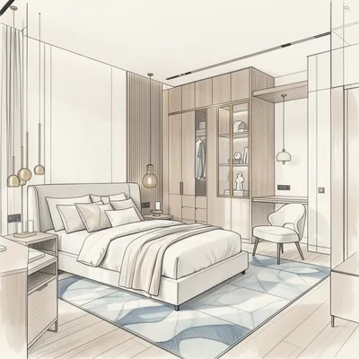A hand-drawn architectural sketch of a modern bedroom featuring a large bed, built-in wardrobes, a desk, and a blue and white abstract geometric rug.