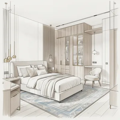 A hand-drawn architectural sketch of a modern bedroom with a large bed, built-in wooden wardrobe, and a blue and beige geometric rug.