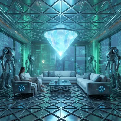 A futuristic living room with a metallic lattice floor, holographic walls, a glowing crystal chandelier, robotic figures, and a woman sitting on a minimalist sofa.