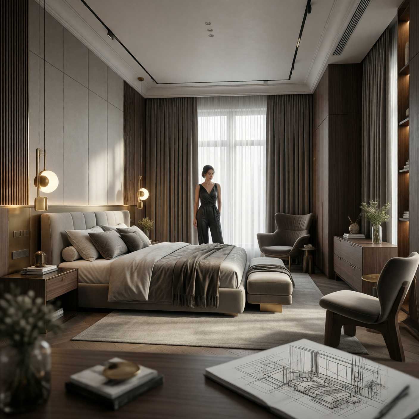A luxurious, modern bedroom with a woman standing by a window, featuring a large bed, dark wood furniture, and an architectural sketch in the foreground.