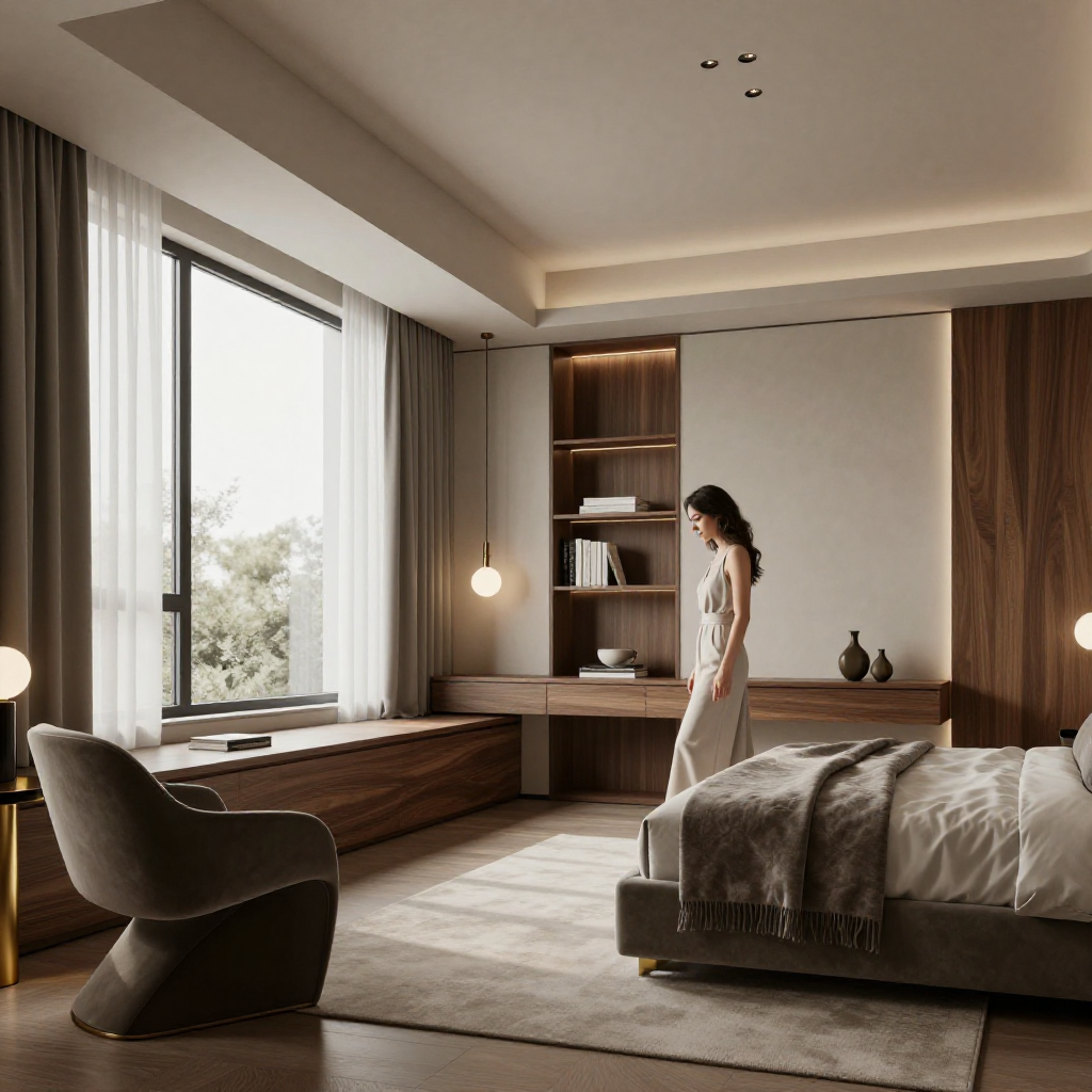 A woman stands in a luxurious, minimalist bedroom with a large window, a bed, a sculptural chair, and built-in wooden shelving.