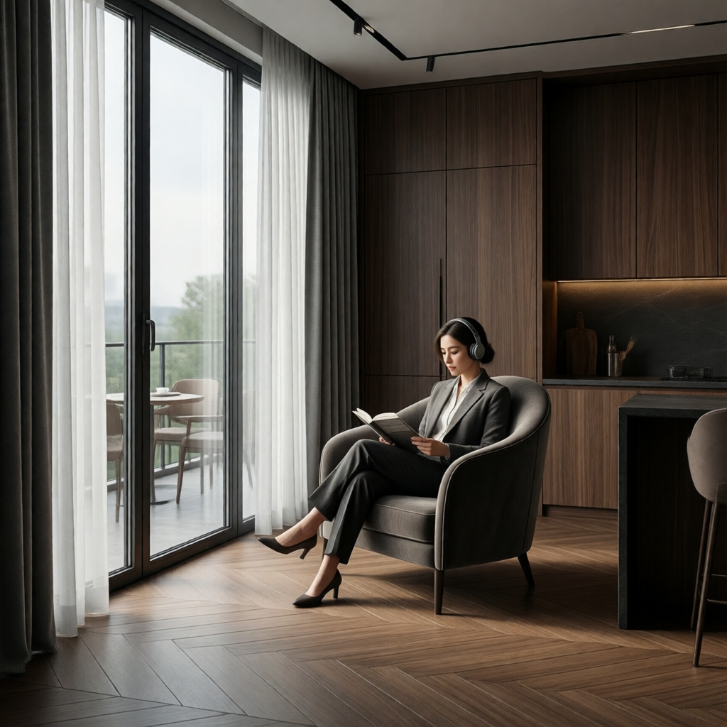 A stylish woman in professional attire sits in a grey armchair, reading a book with headphones on, in a luxurious apartment with large windows and wood interiors.