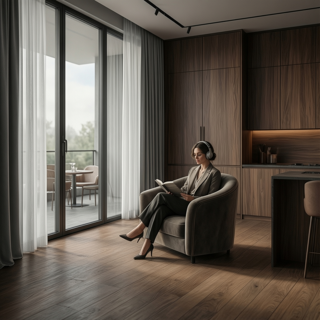 A woman in professional attire sits in a velvet armchair, reading a book and wearing headphones, in a luxurious modern apartment with walnut wood and large windows.