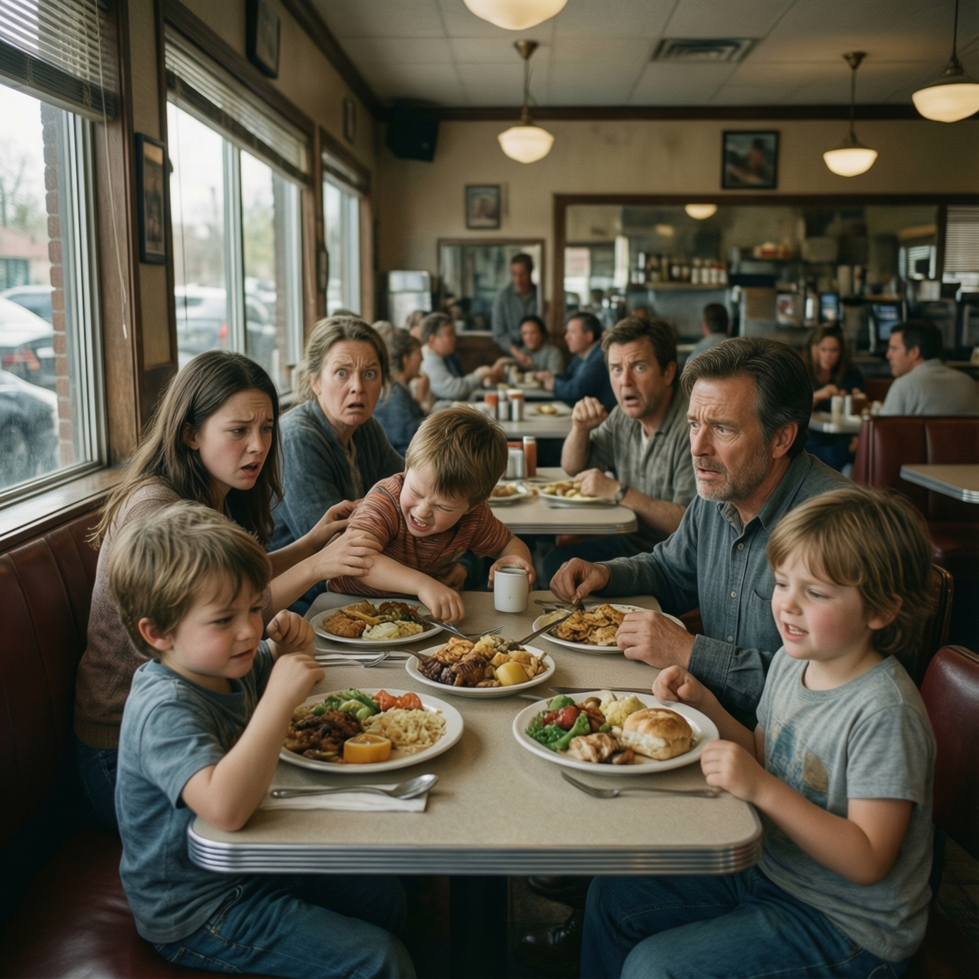 A family of six, including four children, eating at a diner booth. Two adults and two children look shocked, one child is crying, and another child is smiling. Other patrons are visible in the background.