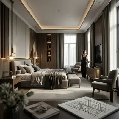 A luxurious, photorealistic bedroom with a large bed, a woman in a black dress, and an architectural sketch in the foreground.