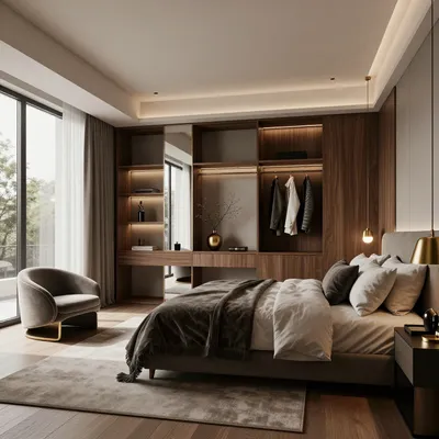 A luxurious, modern bedroom featuring a large bed, built-in wooden wardrobe, a velvet armchair, and large windows overlooking trees.