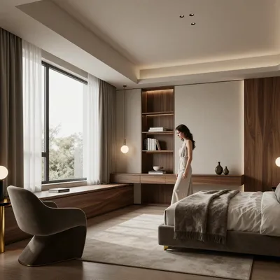 A woman stands in a luxurious, minimalist bedroom with a large window, a bed, a sculptural chair, and built-in wooden shelving.
