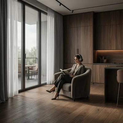 A woman in professional attire sits in a velvet armchair, reading a book and wearing headphones, in a luxurious modern apartment with walnut wood and large windows.