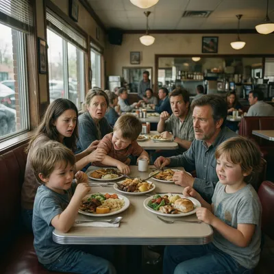 A family of six, including four children, eating at a diner booth. Two adults and two children look shocked, one child is crying, and another child is smiling. Other patrons are visible in the background.