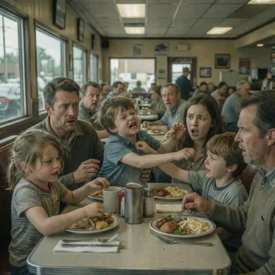 A family of five, including three children, are seated at a booth in a vintage American diner, reacting with shock and distress to two young boys fighting. Other patrons in the background also appear surprised.