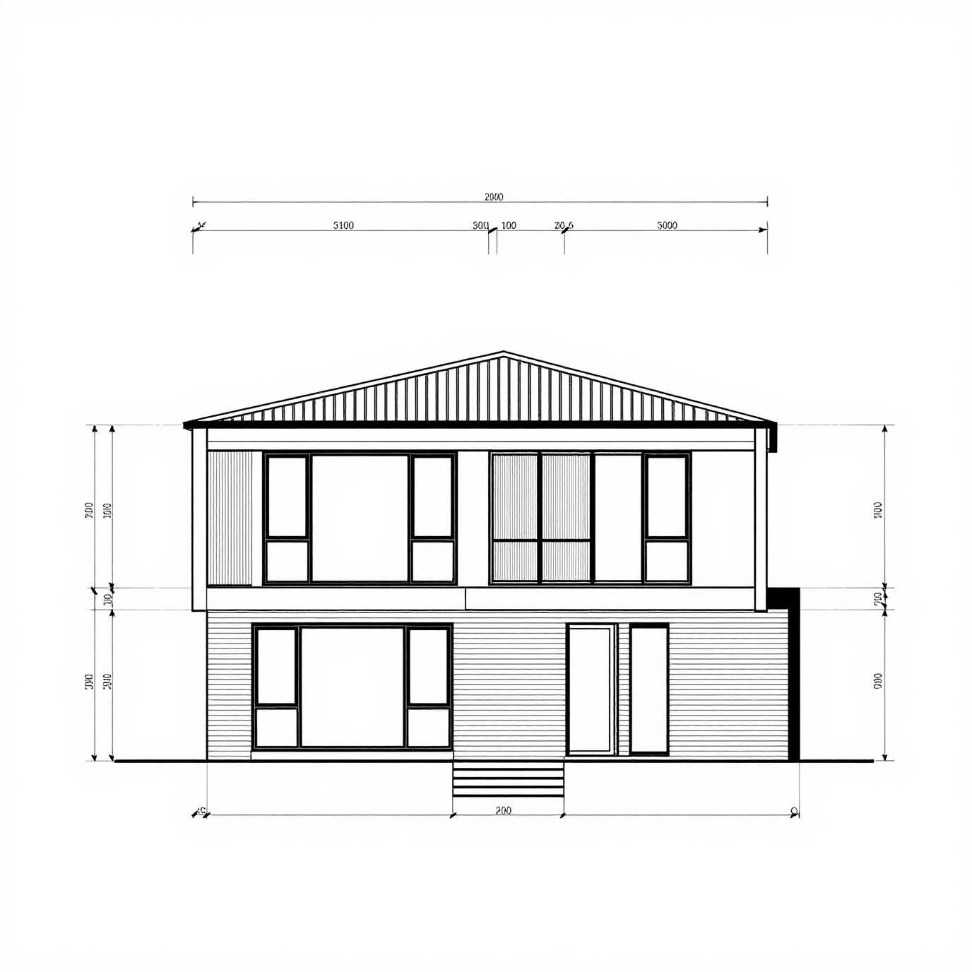 Monochrome CAD drawing of a contemporary two-story house front elevation with a gabled roof, large windows, and dimension annotations.