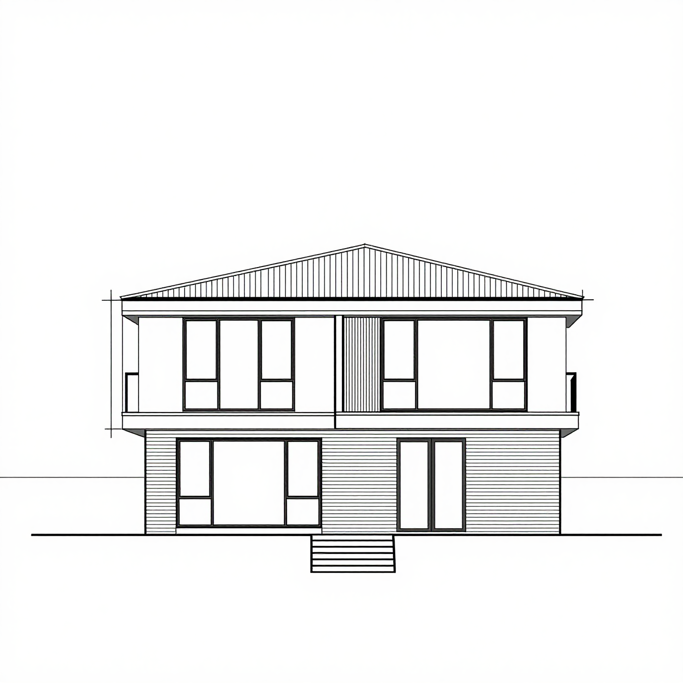 Monochrome architectural CAD drawing of a two-story contemporary house front elevation with a gabled roof, large windows, and horizontal siding.