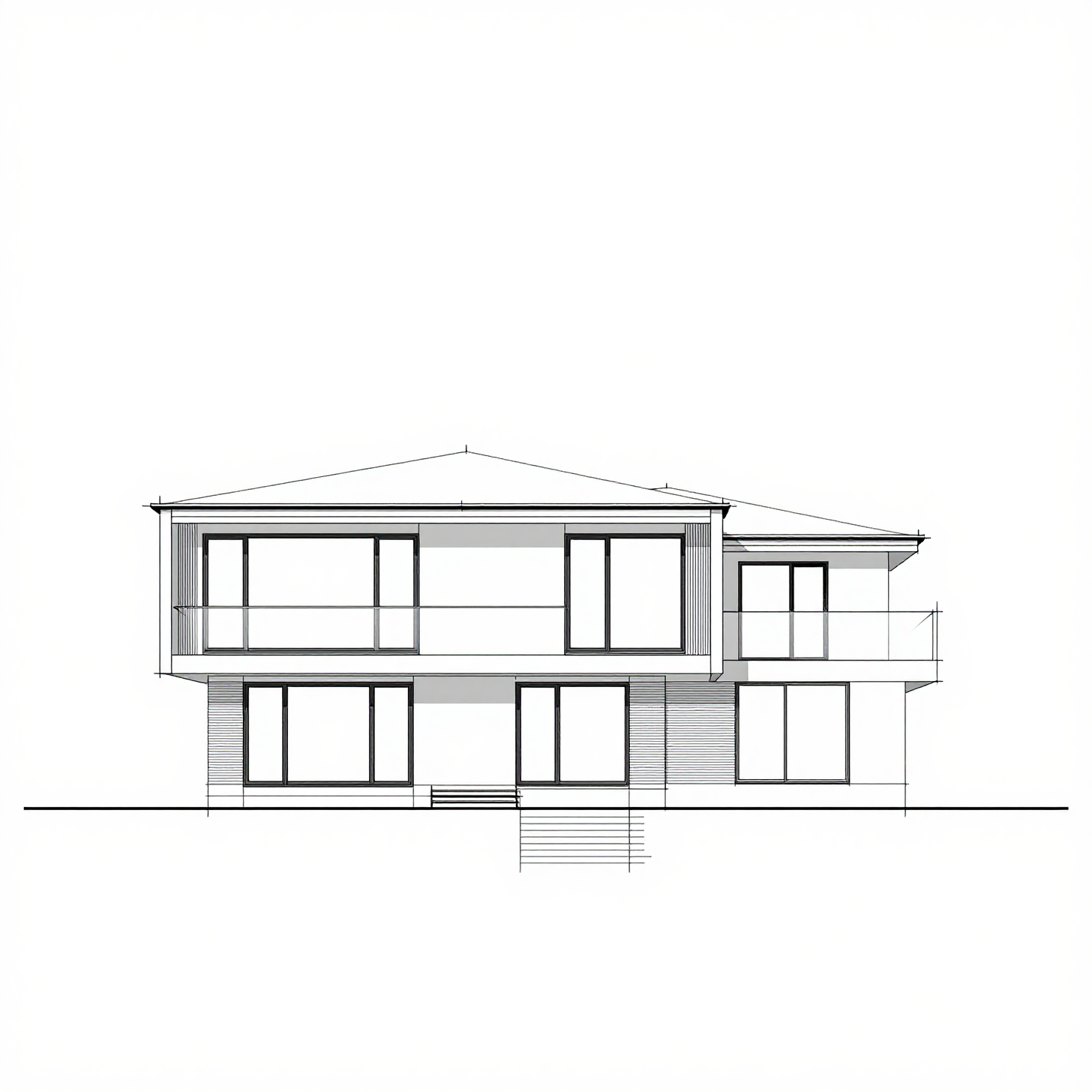 Monochrome architectural CAD drawing of a two-story contemporary house with large windows and a flat roof, presented as a front elevation.