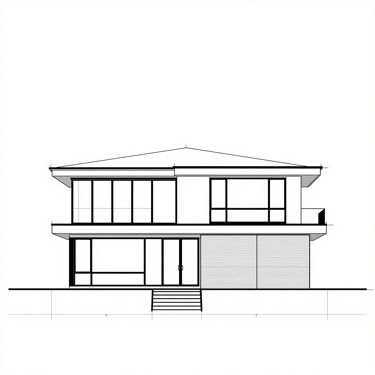 Monochrome CAD drawing of a contemporary two-story house with a flat roof, cantilevered upper volume, and large windows, presented as a front elevation.