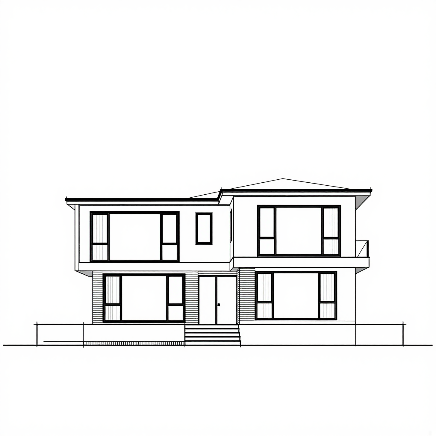 A monochrome architectural CAD drawing of a contemporary two-story house with a flat roof and large windows, presented as a front elevation.