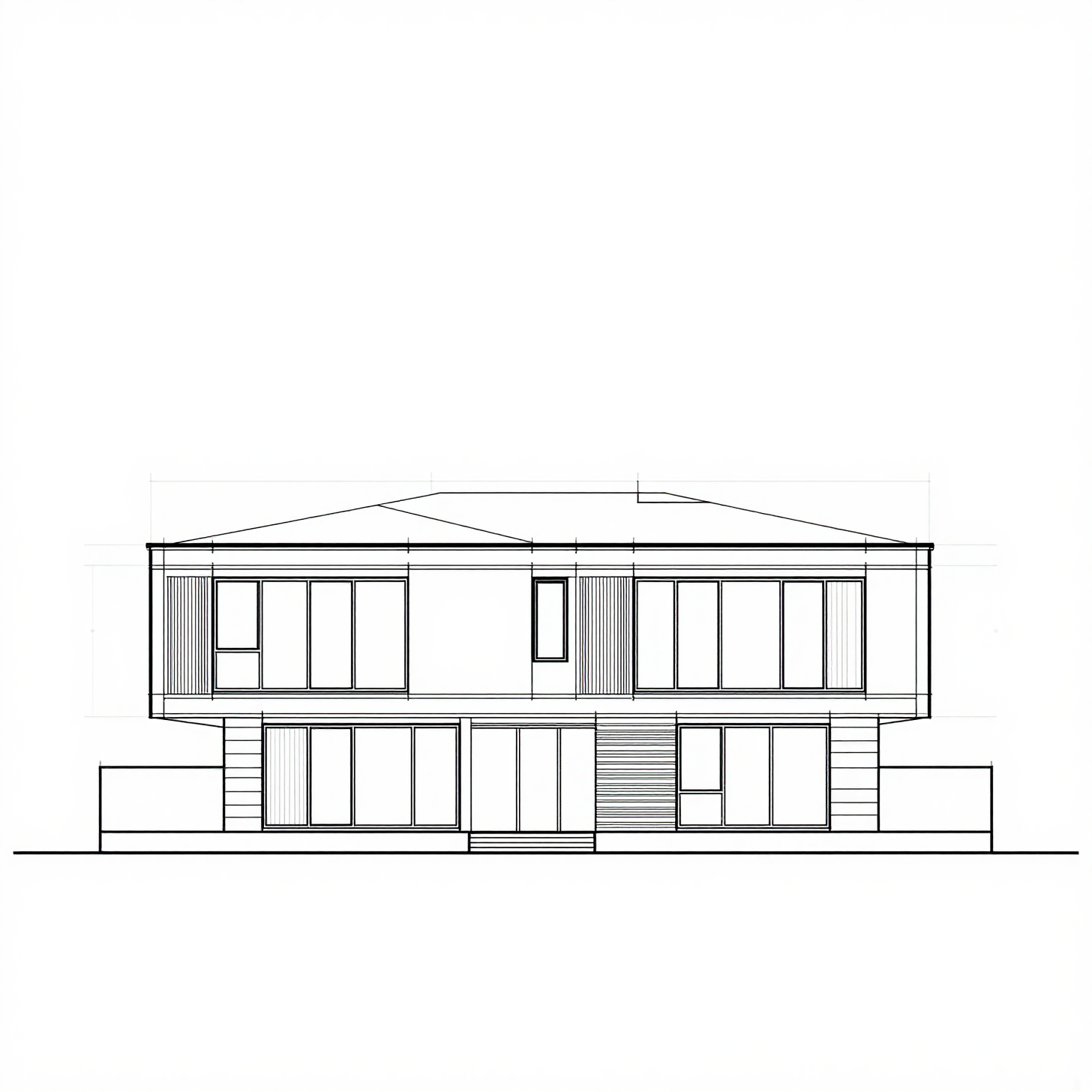 Monochrome CAD drawing of a two-story contemporary house front elevation with a flat roof and large windows.