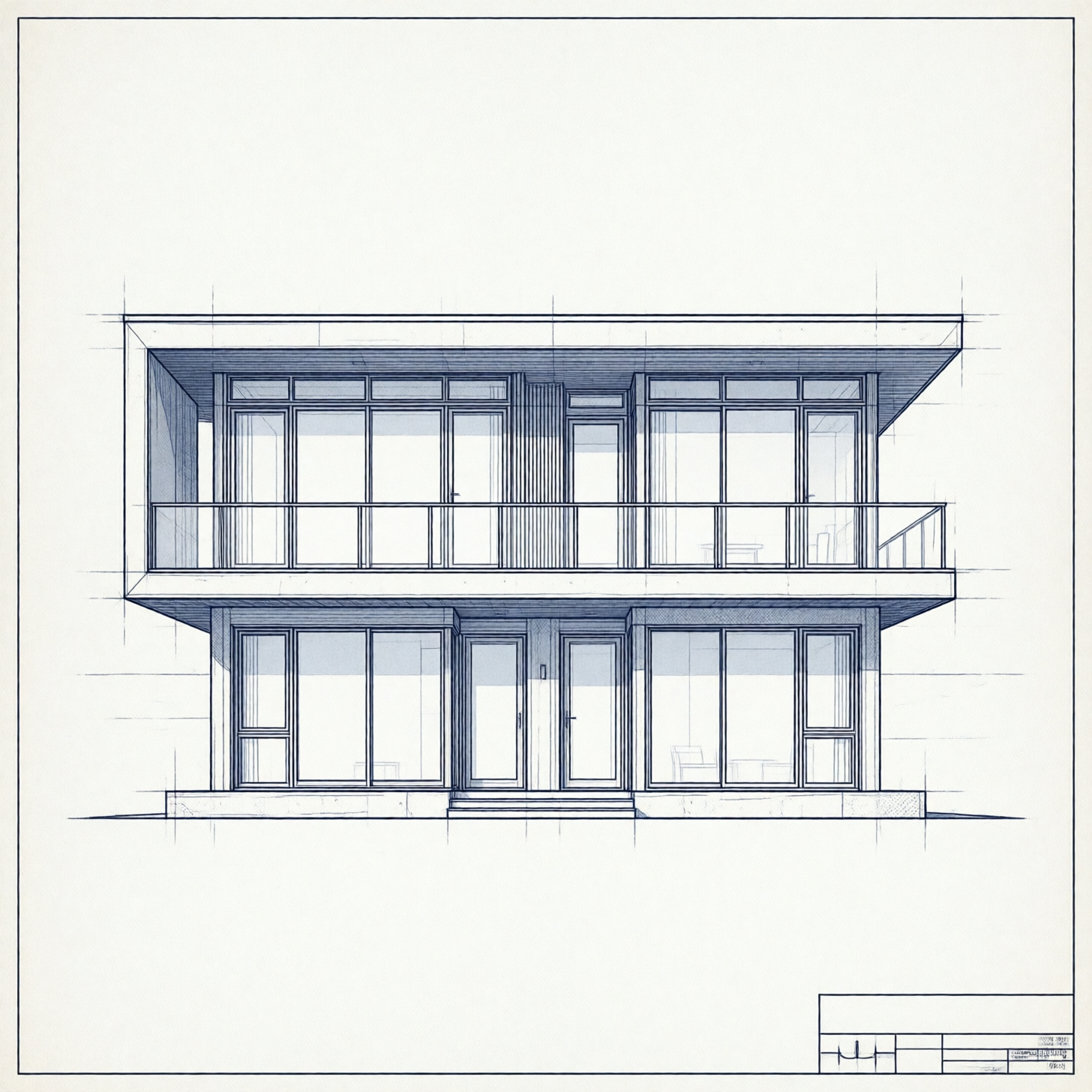 Monochrome architectural CAD drawing of a two-story contemporary house with a flat roof and large windows, presented as a front elevation.
