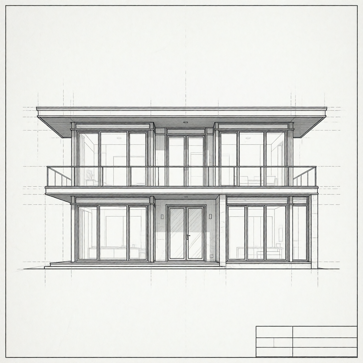 A monochrome architectural CAD drawing of a contemporary two-story house, front elevation, with a flat roof and large windows.