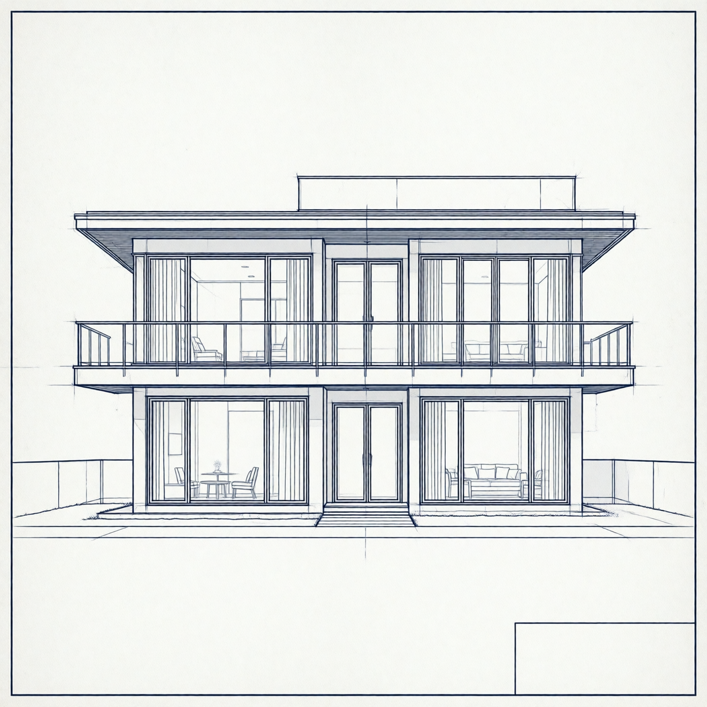 A monochrome architectural CAD drawing of a two-story modern house with a flat roof and large windows, presented as a front elevation.