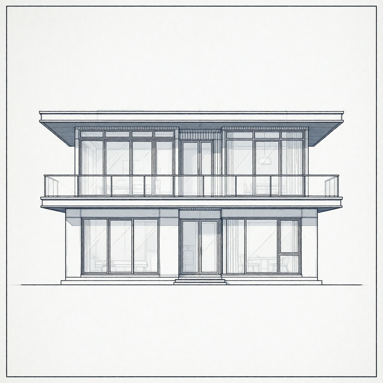 A monochrome architectural CAD drawing of a two-story contemporary house with a flat roof and large windows.