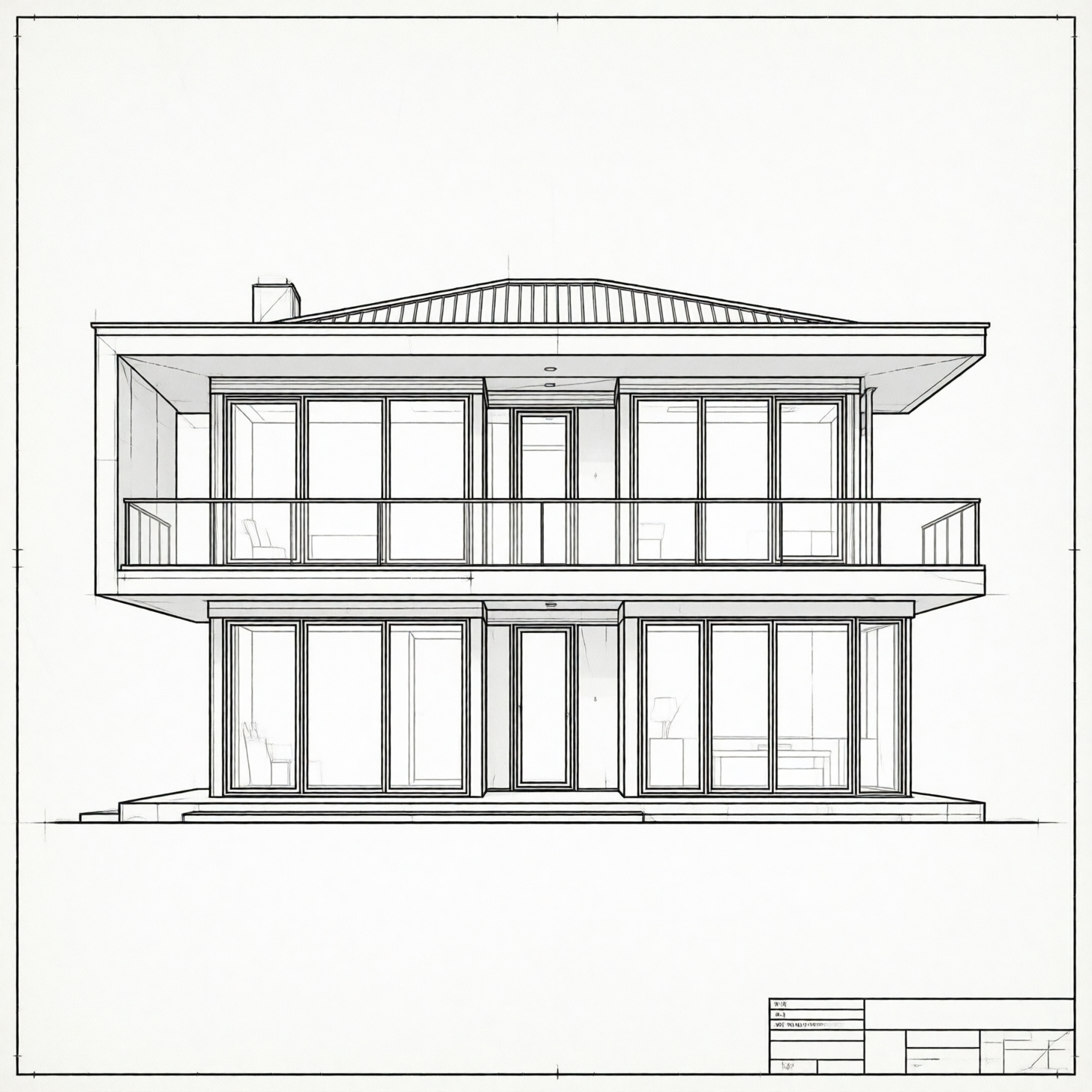 A monochrome architectural CAD drawing of a contemporary two-story house with a flat roof, large windows, and a cantilevered upper volume.