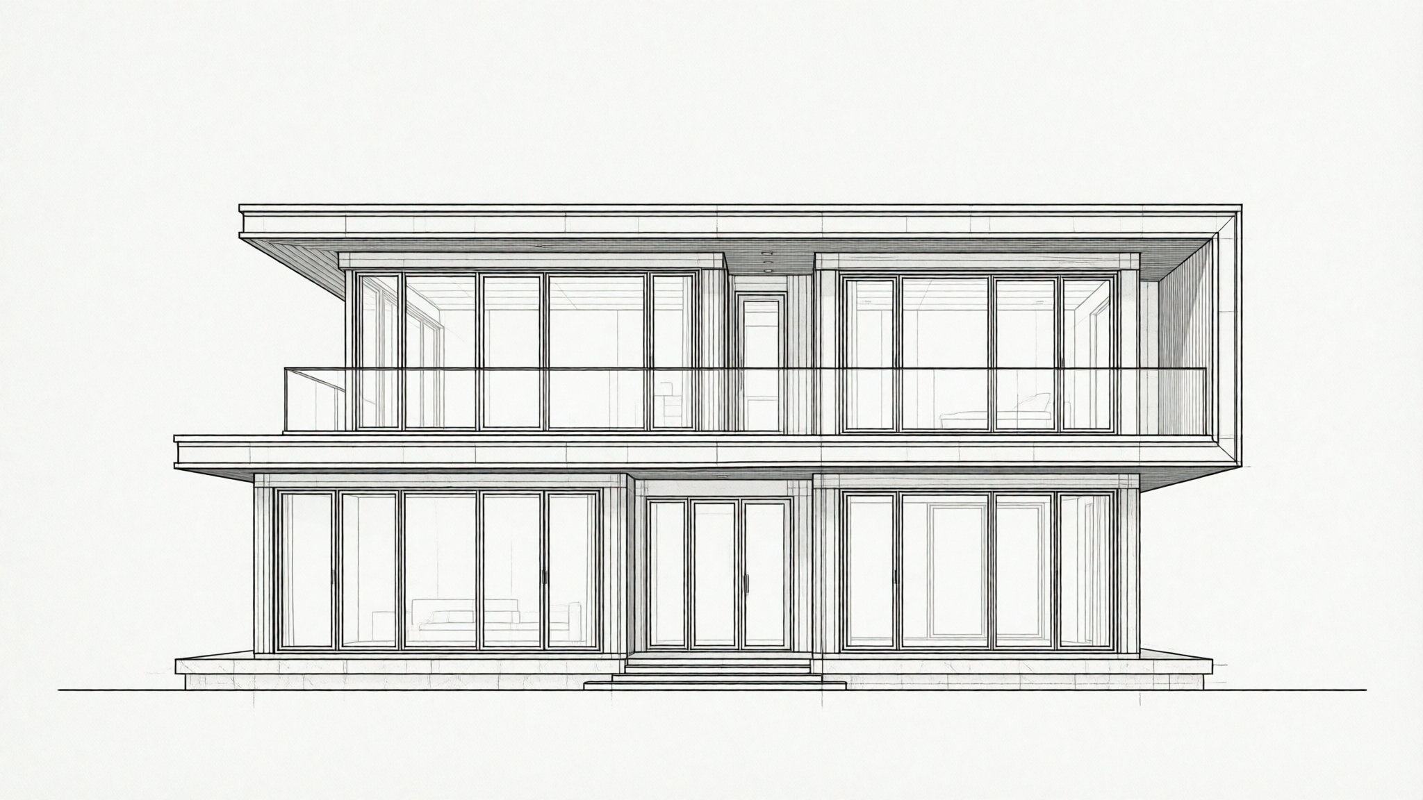 A monochrome CAD drawing of a two-story contemporary house with large windows and a cantilevered upper floor, presented as a front elevation.