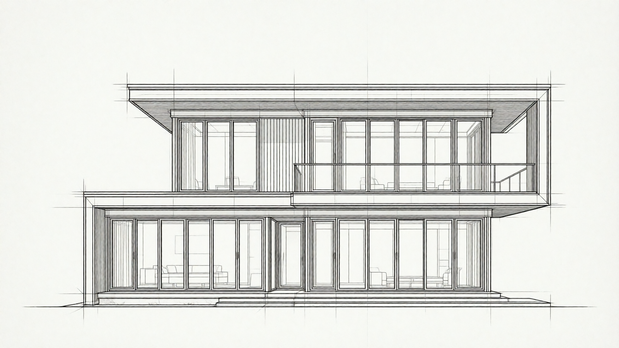 A monochrome CAD drawing of a contemporary two-story house with a flat roof, cantilevered upper volume, and large glass panels.