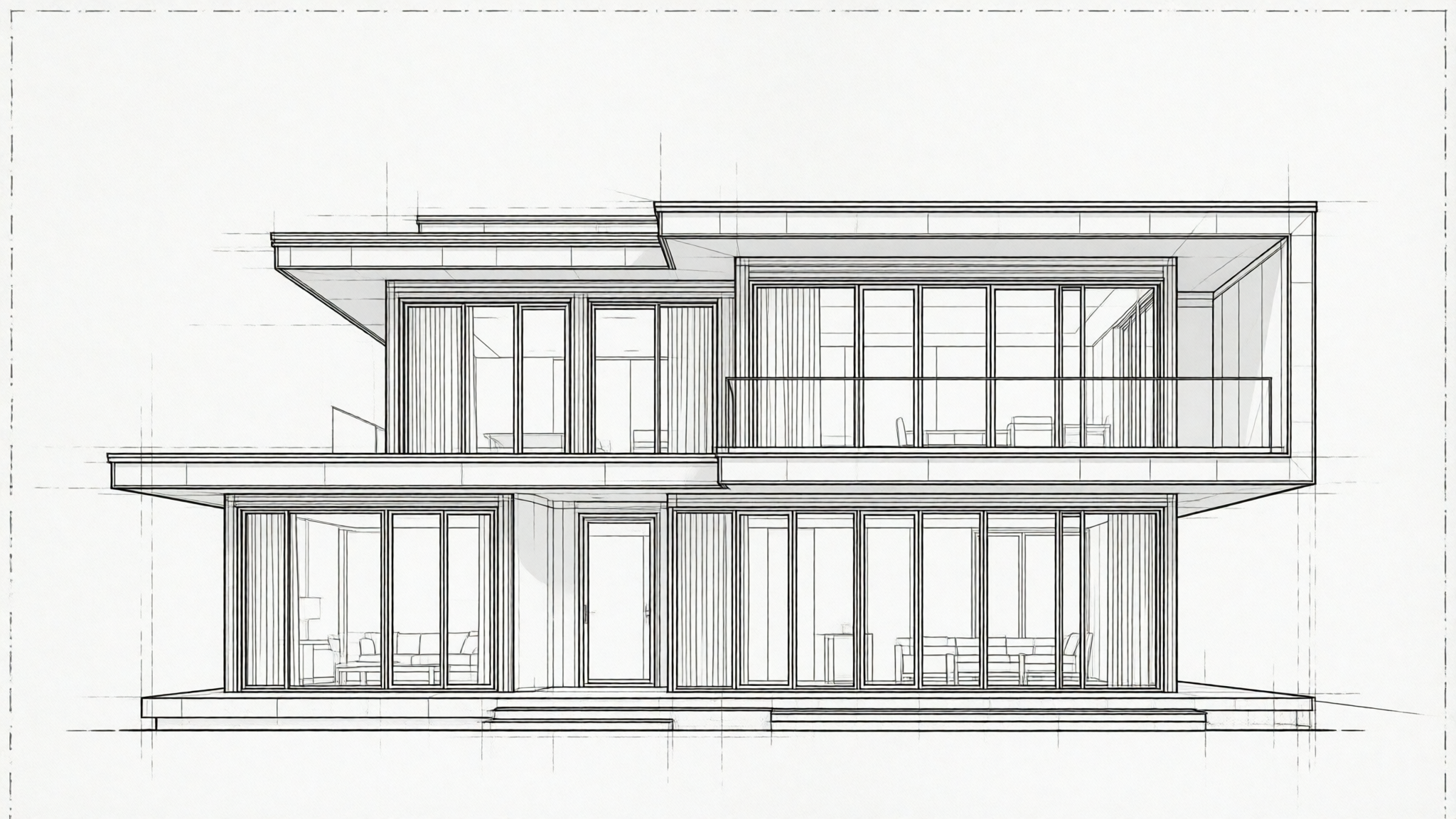 A monochrome architectural CAD drawing of a contemporary two-story house with a flat roof, large glass panels, and a cantilevered upper section.