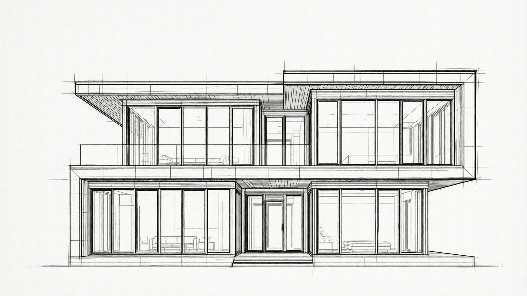 Monochrome architectural CAD drawing of a contemporary two-story house with large windows and a flat roof, rendered in black lines on a white background.