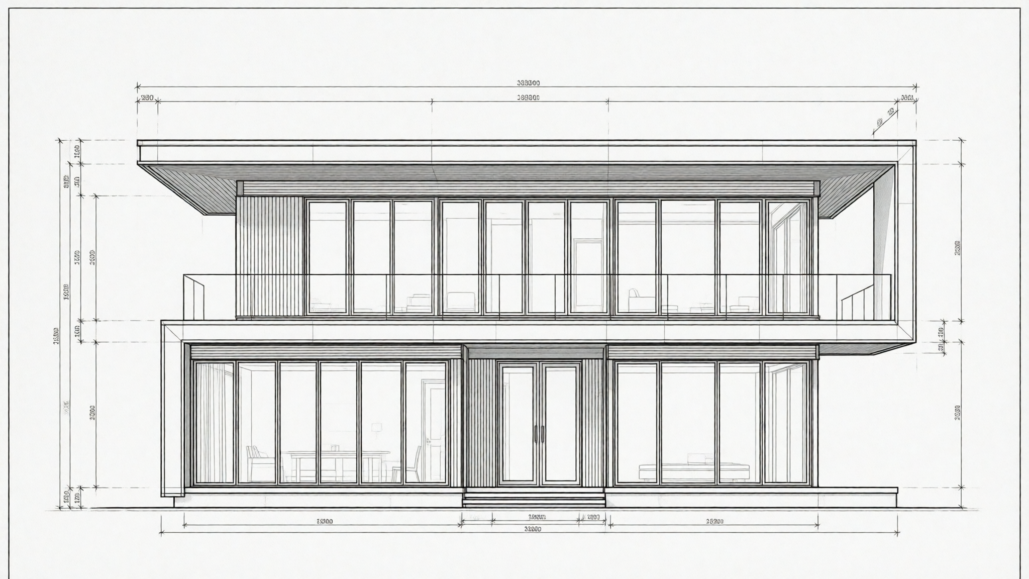 A monochrome architectural CAD drawing of a contemporary two-story house, showing the front elevation with precise black lines on a white background.