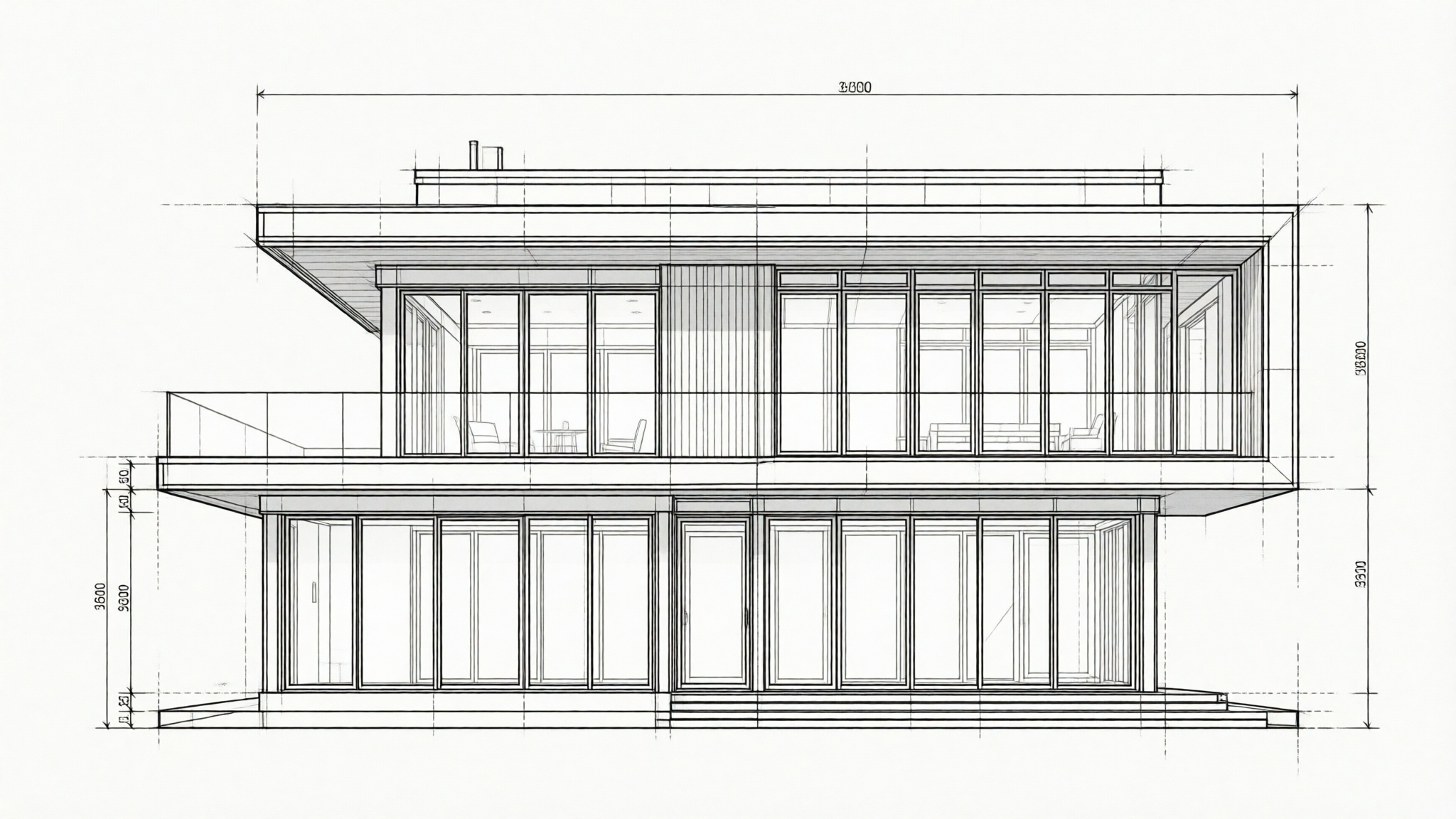 A monochrome architectural CAD drawing of a two-story contemporary house, featuring precise black lines on a white background, with dimensions.