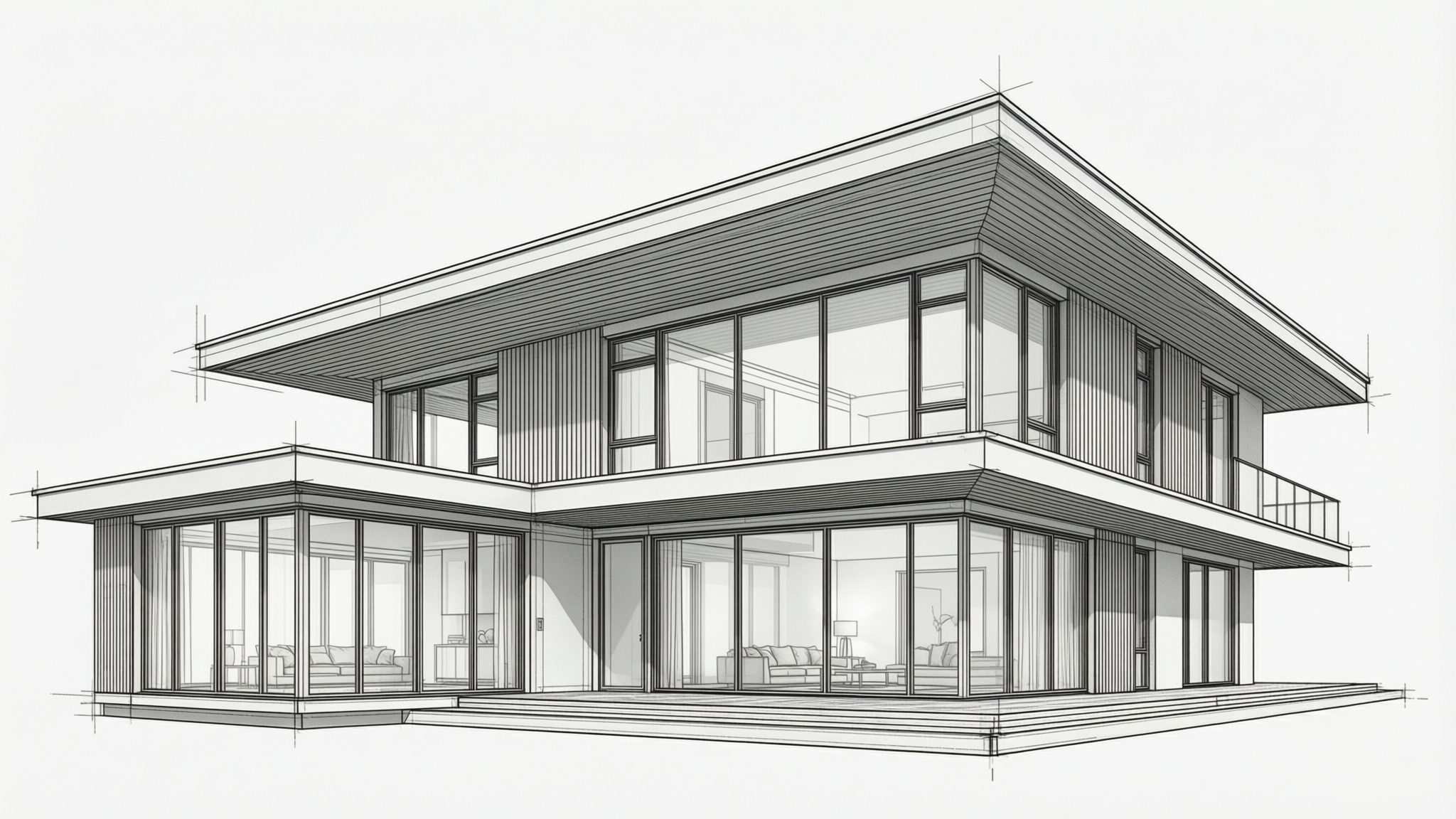 Monochrome architectural CAD drawing of a contemporary two-story house with large windows and a cantilevered upper volume.