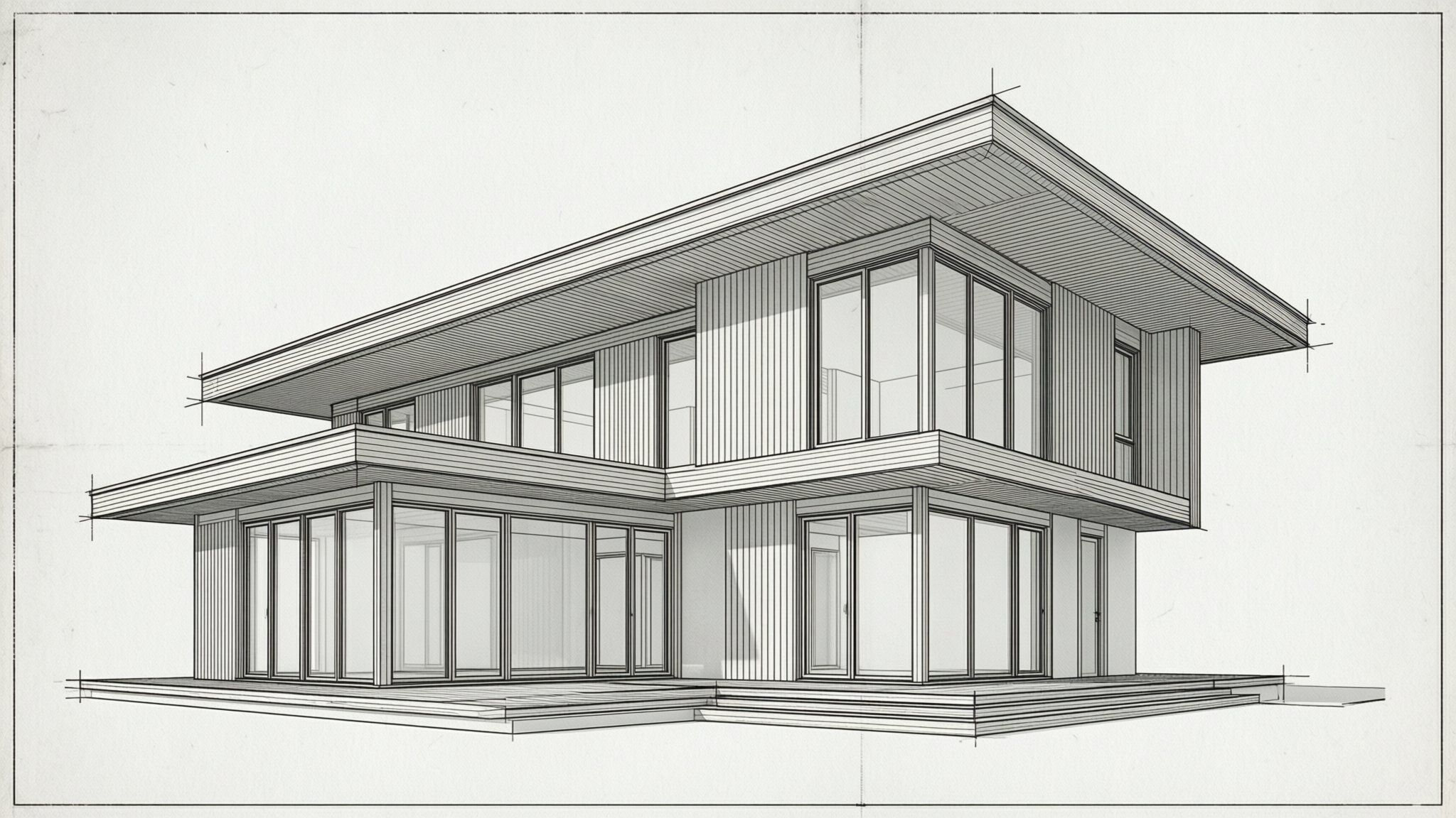 A monochrome architectural CAD drawing of a contemporary two-story house with a flat roof, large windows, and cantilevered upper volume, rendered with precise black lines on a white background.